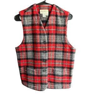Eddie Bauer Wool Vintage Plaid Button Vest Red Grey Medium Preppy Prep Old Money